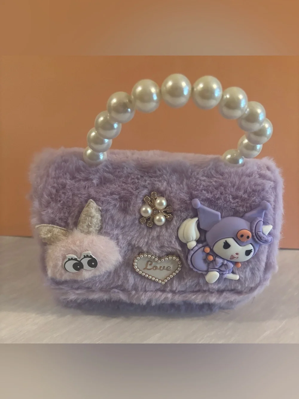 Kuromi Purple Fuzzy Pearl-Handle Purse with Character Accents